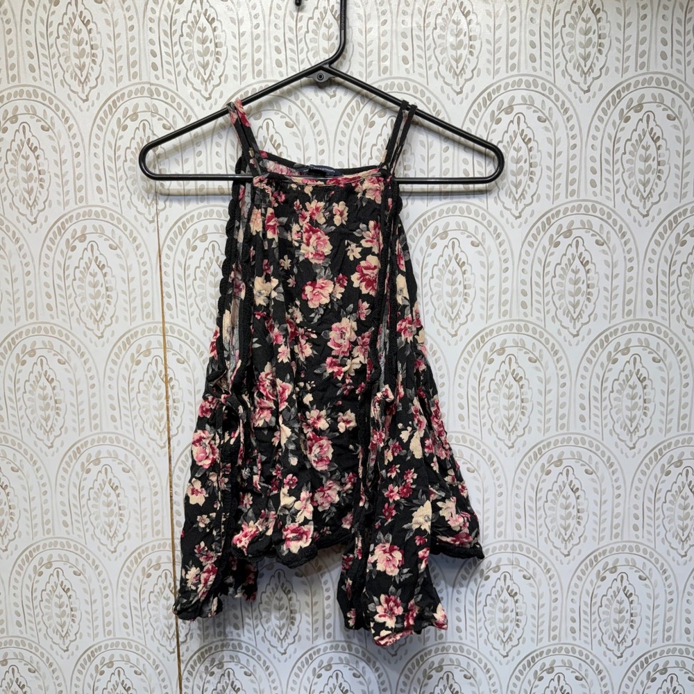 American Eagle Cold Shoulder Top Womens Small Black Floral Boho Split Tie Sleeve